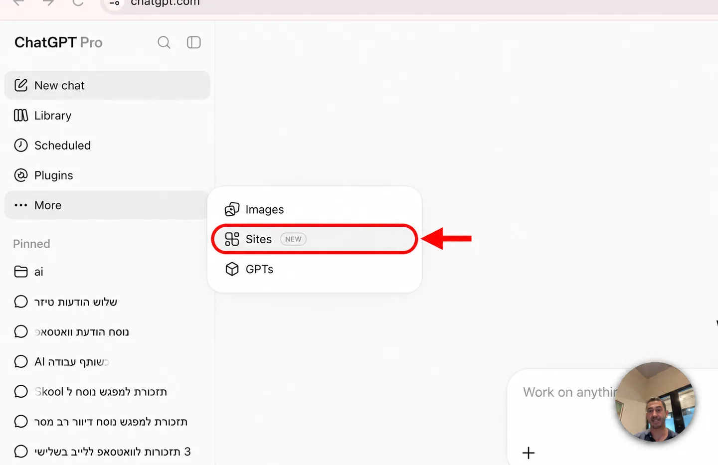 בחירת Sites מתוך תפריט More בסרגל הצד