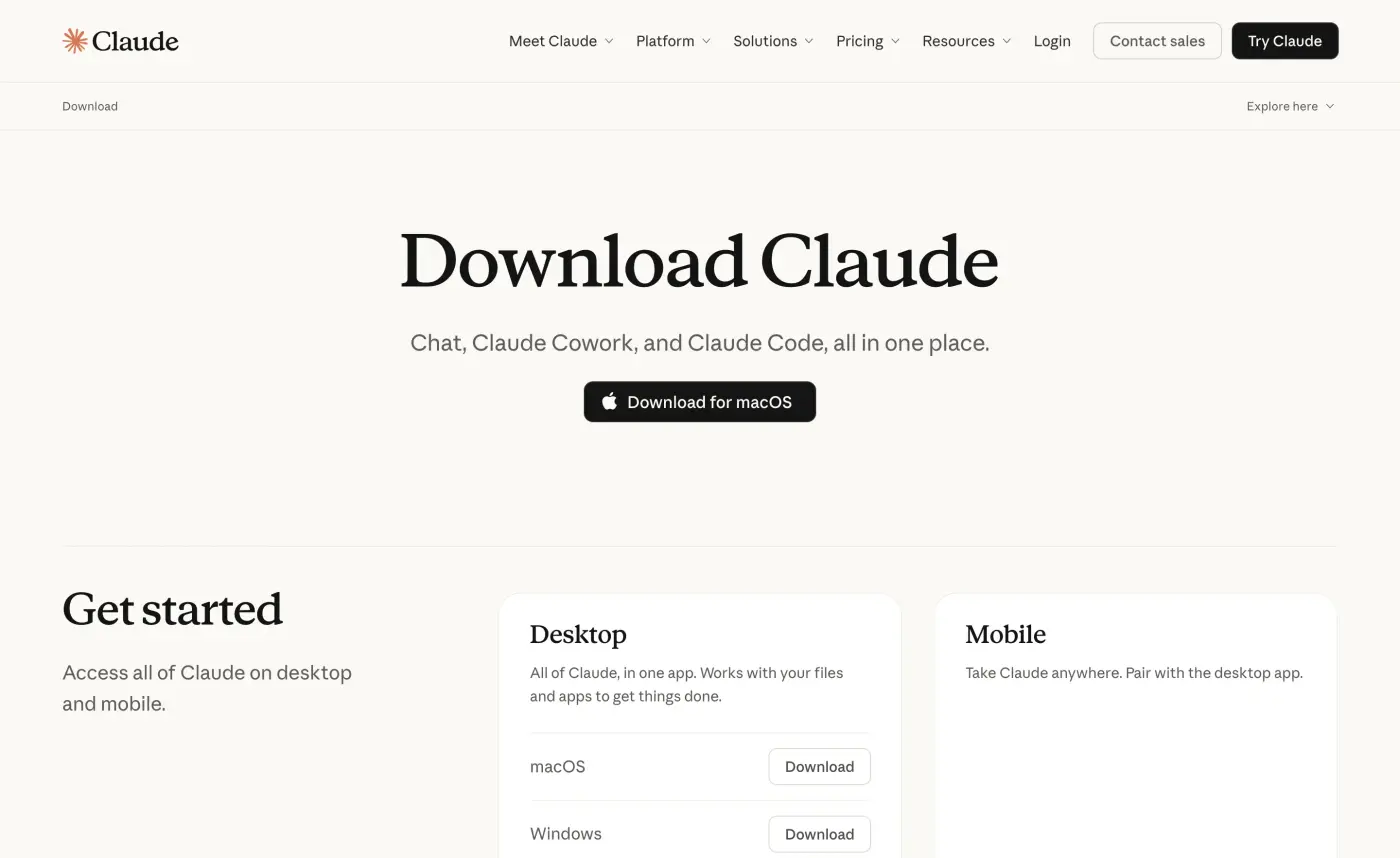 עמוד ההורדה הרשמי של Claude Desktop · claude.com/download