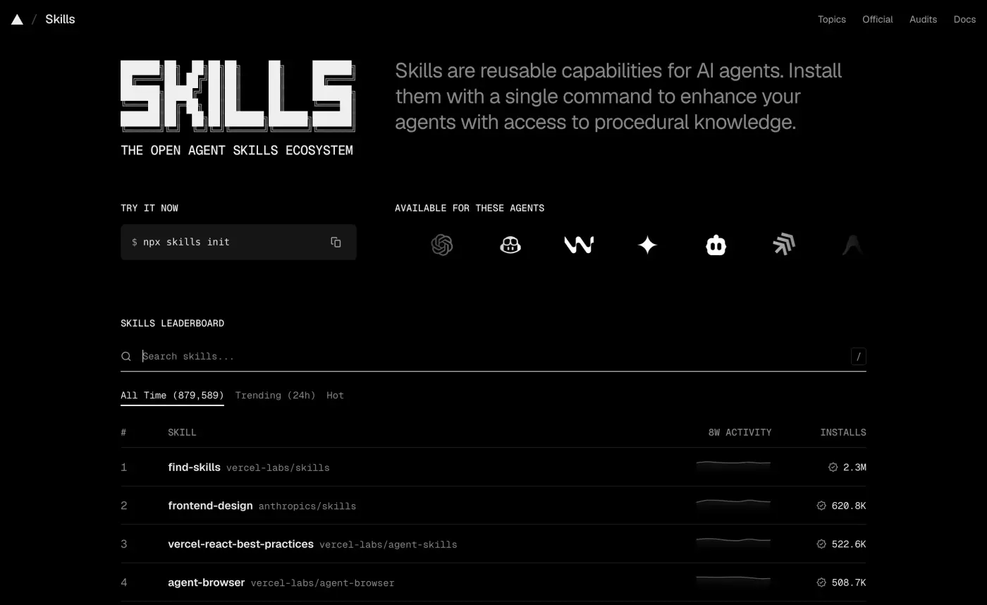 מאגר ה-Skills skills.sh · לוח המובילים עם כמויות התקנות