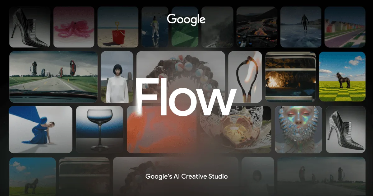 הוויזואל הרשמי של Google Flow: פסיפס קליפים עם הכיתוב Google's AI Creative Studio