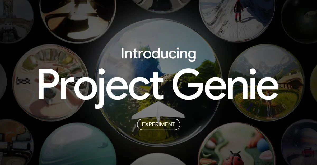 הוויזואל הרשמי של Project Genie: כדורי עולמות אינטראקטיביים עם הכיתוב Introducing Project Genie