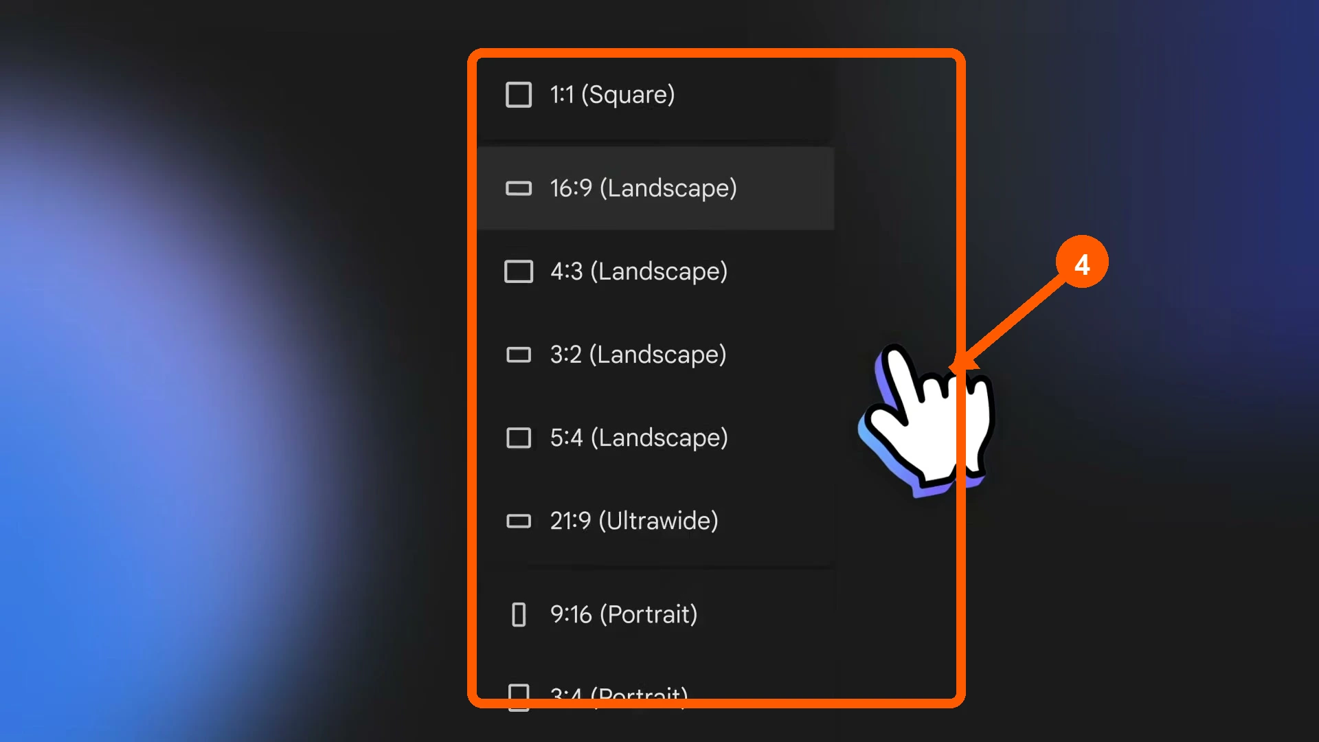 תפריט יחסי התמונה ב־Google Pics