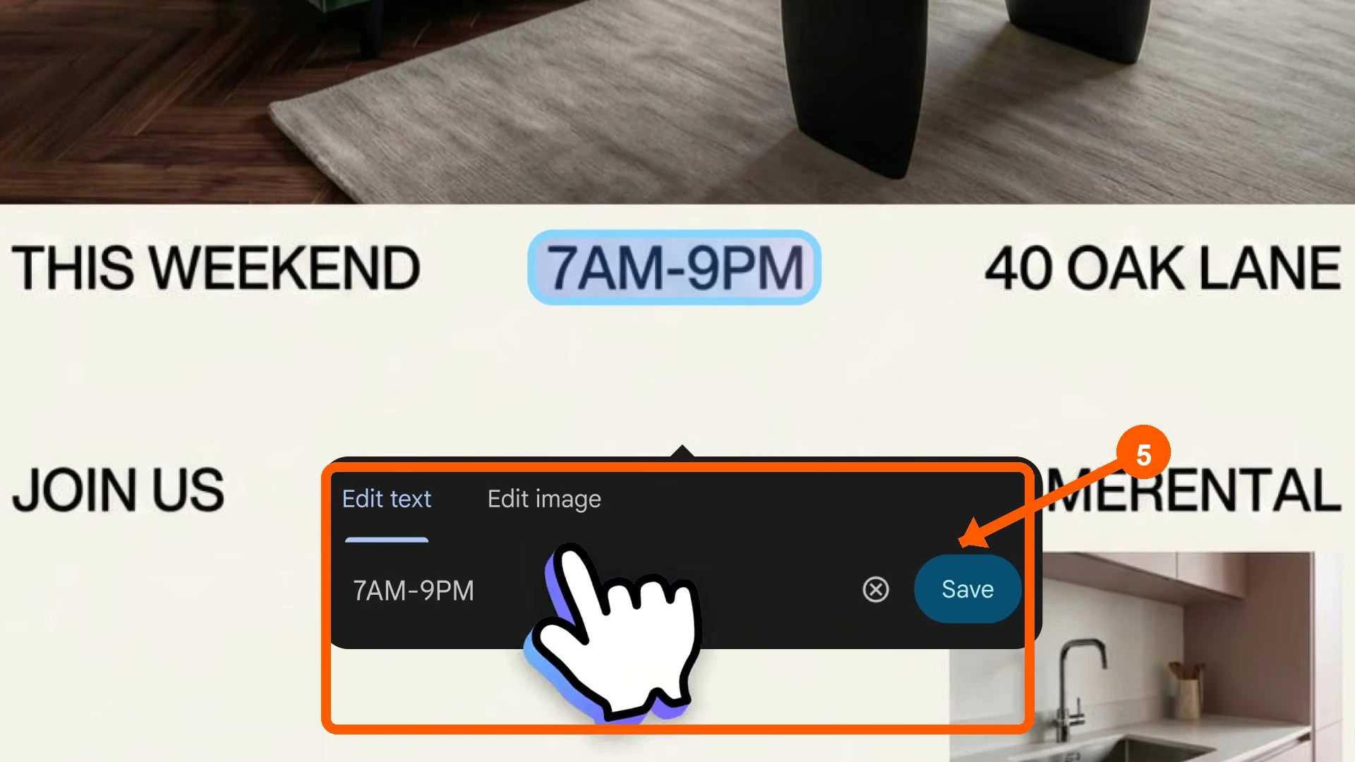חלון Edit text לעריכת שעות בתוך פלייר ב־Google Pics