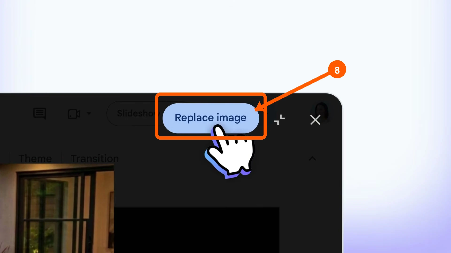 כפתור Replace image שמחזיר תמונה ערוכה ל־Google Slides