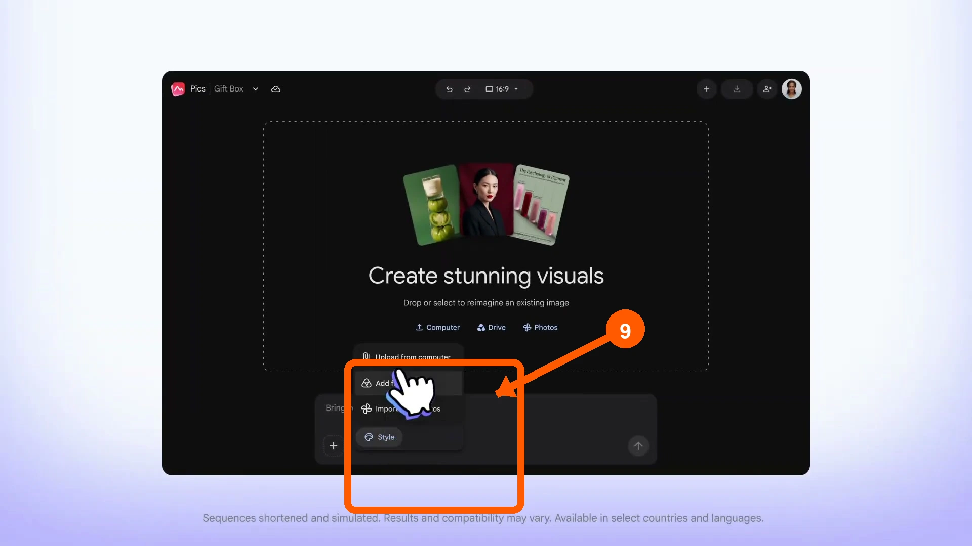 תפריט הוספת תמונה מ־Drive ב־Google Pics