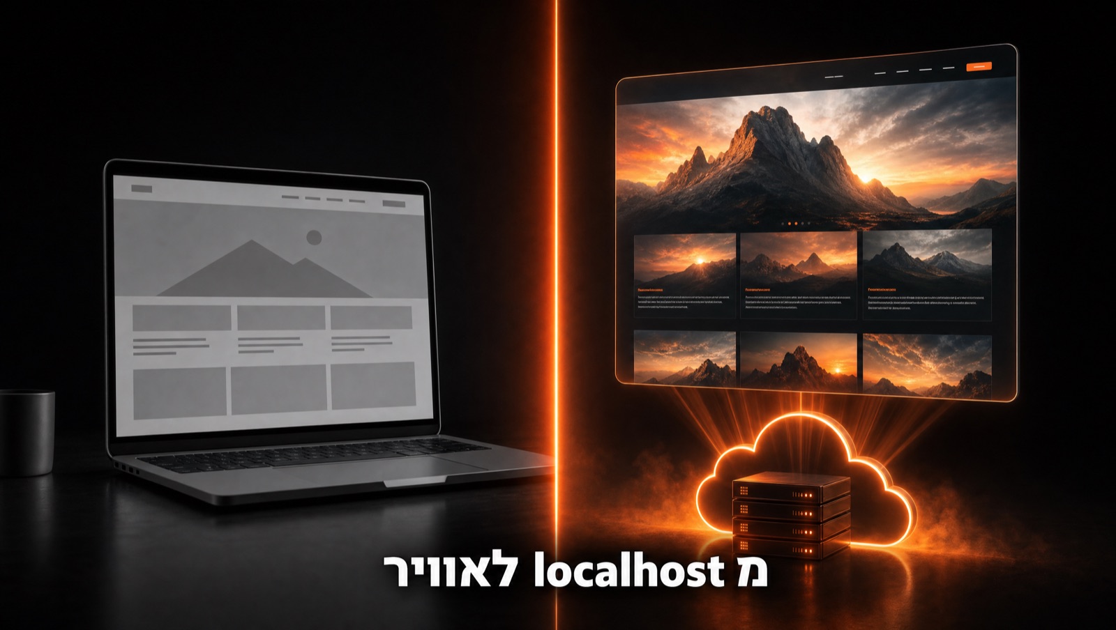 לפני ואחרי · אתר ריק על המחשב מול אתר חי באוויר שנבנה עם AI