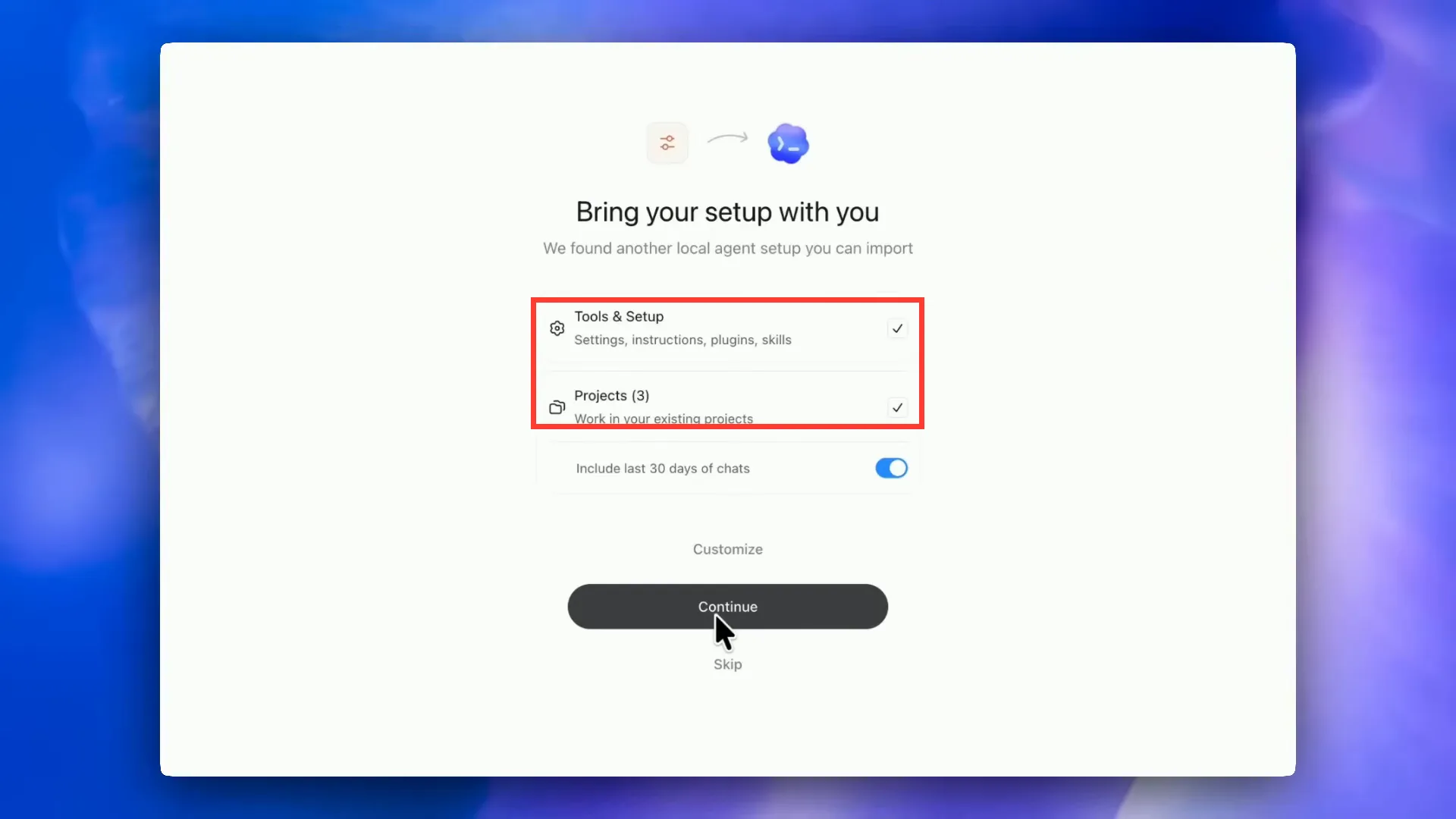 מסך Bring your setup with you בקודקס: ייבוא Tools and Setup עם instructions, plugins, skills ו-Projects