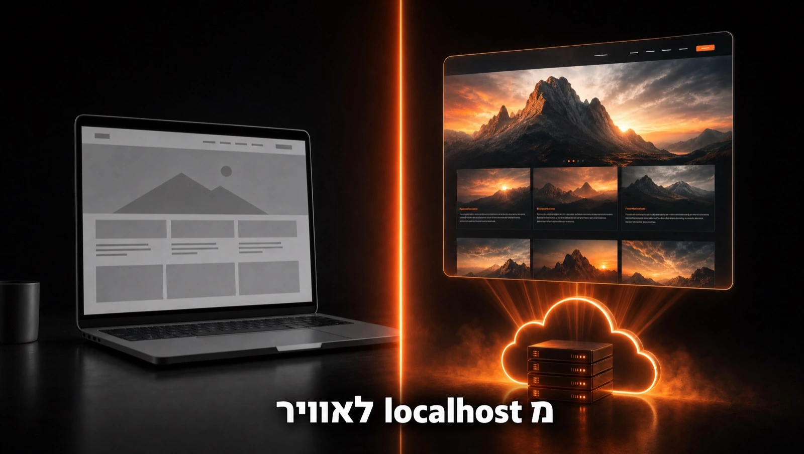 לפני ואחרי · אתר ריק על המחשב מול אתר חי באוויר שנבנה עם קלוד קוד